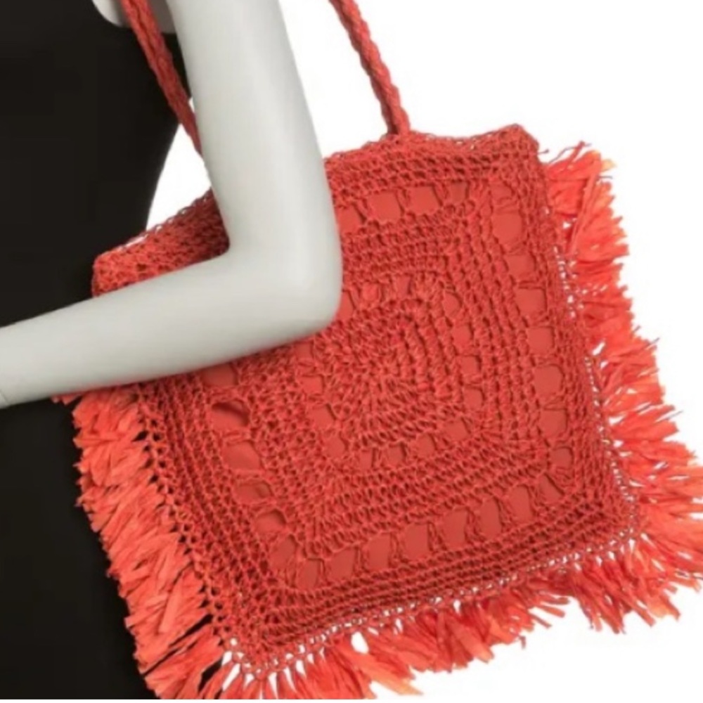 Handwoven Coral Crochet Fringe Tote Bag